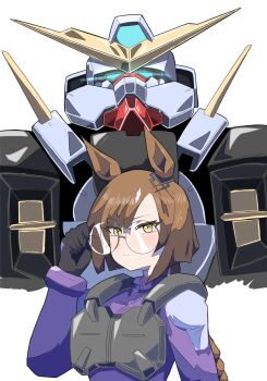1girl adjusting_eyewear black_gloves braid brown_eyes brown_hair closed_mouth commentary_request crossover glasses gloves gundam gundam_00 gundam_virtue hand_up highres ikuno_dictus_(umamusume) jumpsuit long_hair looking_at_viewer mecha mobile_suit purple_jumpsuit robot round_eyewear science_fiction simple_background single_braid takobutter umamusume upper_body v-fin white_background