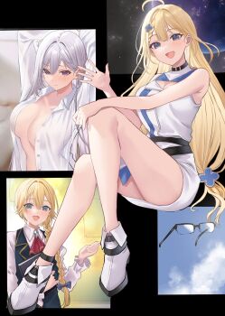 Rule 34 | 3girls, :d, ahoge, arms behind head, arms up, ascot, bare legs, blonde hair, blue eyes, blue sky, book, braid, braided ponytail, breasts, breasts apart, cleavage cutout, closed mouth, clothing cutout, cloud, clover hair ornament, convenient leg, cover, cover page, dress, fialka tiursad, glasses, grey hair, hair intakes, hair ornament, hair over shoulder, hamu (plot sy), hand on own knee, high heels, highres, holding, holding book, invisible chair, kimoota mob youhei wa minohodo o ben (waki ma) eru, large breasts, long hair, low side ponytail, mole, mole under eye, multiple girls, multiple views, no bra, novel cover, official art, open clothes, open mouth, open shirt, paneled background, pencil dress, planet, purple eyes, semi-rimless eyewear, sherry (mob youhei), shirt, sitting, sky, sleeveless, sleeveless dress, smile, star (sky), starry sky, unbuttoned, unbuttoned shirt, very long hair, vest, waistcoat, waving, white shirt, wvs-09 rossweisse