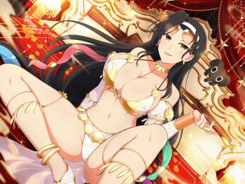 1girl anklet bikini black_hair blue_ribbon breasts brown_eyes cleavage elephant eyewear_on_head flower gold gold_trim green_ribbon hairband harem_outfit highres holding holding_smoking_pipe jasmine_(senran_kagura) jewelry lamp lampshade large_breasts long_hair looking_at_viewer navel official_alternate_costume official_art on_bed orange_flower pillow purple_ribbon red_ribbon ribbon scarf senran_kagura senran_kagura_estival_versus smile smoking_pipe solo star_(symbol) sunglasses swimsuit white_bikini yaegashi_nan