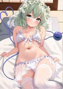 1girl alternate_costume bed_sheet bikini blush breasts bridal_bikini bridal_veil closed_mouth commentary_request commission corrupted_twitter_file disembodied_linked_eye eyeball flower flower_request frilled_bikini frills futon green_eyes green_hair hair_between_eyes hair_flower hair_ornament heart heart_of_string highres komeiji_koishi looking_at_viewer lying medium_hair navel on_back see-through_clothes see-through_veil sheet_grab shiny_skin shironeruka skeb_commission small_breasts smile solo stomach swimsuit thighhighs thighs touhou veil white_bikini white_flower white_thighhighs