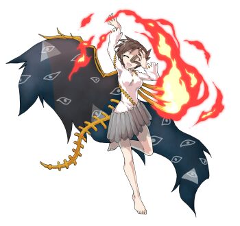 Rule 34 | 1girl, alphes (style), barefoot, breasts, brown hair, collared shirt, commentary request, dairi, eye mask, eye of providence, eye print, fire, full body, highres, iwanaga ariya, large variant set, long sleeves, mask, medium breasts, parody, shirt, short hair, solo, standing, standing on one leg, style parody, tachi-e, touhou, transparent background, variant set, white sleeves, wings