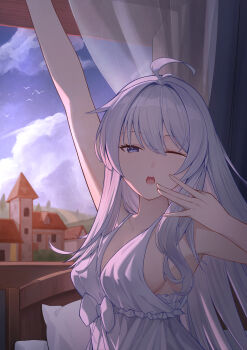 1girl absurdres ahoge alternate_breast_size_(larger) arm_up bed bow breasts building cloud cloudy_sky elaina_(majo_no_tabitabi) hair_between_eyes headboard highres hill long_hair majo_no_tabitabi medium_breasts nightgown on_bed one_eye_closed open_mouth pillow purple_eyes road sitting sky solo tree user_eyz1537 white_hair window yawning