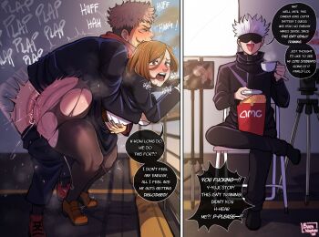 1girl 2boys 2koma :d artist_name ass blackwhiplash blindfold brown_hair camera chair comic cup english_text facing_viewer food full_body gojou_satoru hetero highres holding holding_cup itadori_yuuji jujutsu_kaisen kugisaki_nobara multicolored_hair multiple_boys open_mouth pink_hair plap popcorn recording saliva sex sex_from_behind short_hair sitting smile speech_bubble teacup two-tone_hair white_hair