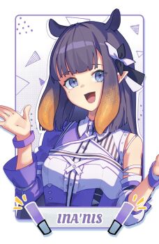 1girl asymmetrical_clothes asymmetrical_sleeves blue_eyes gradient_hair highres hololive hololive_english hololive_idol_uniform_(color_rise) long_hair mole multicolored_hair multicolored_shirt ninomae_ina&#039;nis official_alternate_costume purple_hair simple_background smile solo virtual_youtuber yokura_(yukilina)