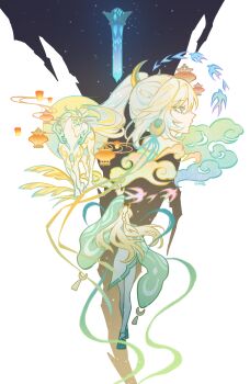 1girl absurdres bird blonde_hair chinese_commentary cloud commentary_request earrings genshin_impact highres jewelry lantern liuyun_(liuyun73492) long_hair paper_lantern ponytail solo star_(sky) swallow_(bird) white_background white_hair zibai_(genshin_impact)