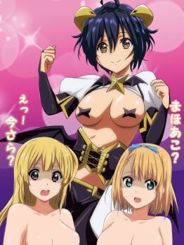 22/7 3girls bat_brooch black_hair blonde_hair breastless_clothes breasts brooch brown_eyes clenched_hands closed_mouth collarbone corset cosplay cross cross_pasties forward-facing_horns fujima_sakura gentoku green_eyes hair_between_eyes highres horns jewelry lens_flare long_hair magia_baiser magia_baiser_(cosplay) mahou_shoujo_ni_akogarete multiple_girls nude open_mouth pasties purple_background purple_corset purple_eyes saito_nicole shaded_face short_hair shrug_(clothing) smile sparkle sweat takigawa_miu white_shrug yellow_horns