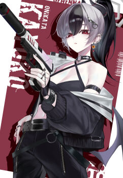 1girl absurdres bare_shoulders black_hair black_jacket black_pants black_shirt blue_archive breasts closed_mouth commentary_request crop_top ear_piercing earrings grey_hair gun h&amp;k_p30 hair_ornament handgun highres holding holding_gun holding_weapon jacket jewelry kisaki_(blue_archive) looking_at_viewer low_wings medium_breasts multicolored_hair pants piercing ponytail red_eyes shirt solo two-tone_hair wama weapon wings