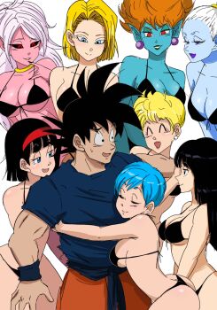 1boy 6+girls android_18 android_21 ass bikini black_bikini black_hair black_sclera blonde_hair blue_eyes blue_hair blue_skin breasts brown_hair bulma cleavage colored_sclera colored_skin dragon_ball dragon_ball_super dragonball_z front-tie_bikini_top front-tie_top gokutrash hairband harem hebihime_(dragon_ball) highres large_breasts mai_(dragon_ball) majin_android_21 matching_outfits mature_female mother_and_daughter multiple_girls panchy parted_lips pink_skin pointy_ears smile son_goku swimsuit thong underboob vados_(dragon_ball) videl white_hair