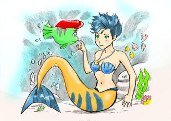 1boy 1girl animal ariel_(disney) arm_support bikini blue_bikini blue_eyes blue_hair blue_lips blush body_switch bubble cluedog coral disney fish flounder_(the_little_mermaid) genderswap genderswap_(ftm) genderswap_(mtf) green_eyes jewelry kimbawest long_hair looking_at_another mermaid monster_girl necklace ocean personality_switch pointing pointing_at_another red_hair rock seaweed shell shell_bikini shell_necklace short_hair sitting species_switch swimsuit the_little_mermaid_(disney) underwater water