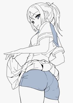 1girl :p ass breasts clothes_lift hi_iro highres looking_at_viewer looking_back monochrome original pantylines ponytail short_shorts shorts shorts_under_skirt skirt skirt_lift small_breasts solo tongue tongue_out