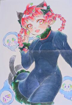 1girl animal_ear_fluff animal_ears black_bow black_dress bow braid cat_ears cat_tail colored_pencil colored_pencil_(medium) commentary_request dress extra_ears grey_background hair_bow hitodama juliet_sleeves kaenbyou_rin karyuu_(raoz) long_sleeves looking_at_viewer multiple_tails open_mouth pencil puffy_sleeves red_eyes red_hair side_braids simple_background skull solo tail touhou traditional_media twin_braids two_tails