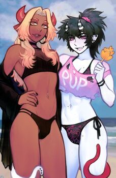 2futa bikini bracelet breasts face_piercing futanari held_up high_ponytail highres horns jewelry labret_piercing mouth_piercing multi-strapped_bikini_bottom multiple_futa nose_piercing off_shoulder piercing ponytail small_breasts striped_horns swimsuit tagme tail tail_around_another&#039;s_leg tail_wrap