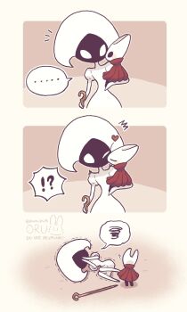 2girls aged_down arthropod_girl artist_name black_eyes black_skin blank_eyes blush_stickers cloak closed_eyes colored_skin from_behind full_body heart highres holding hollow_knight hollow_knight:_silksong horned_mask hornet_(hollow_knight) horns kiss lace_(hollow_knight) looking_at_another lying mask multiple_girls oru_(0ruru_0ru95) pin_(hollow_knight) red_cloak so_moe_i&#039;m_gonna_die! white_eyes white_mask