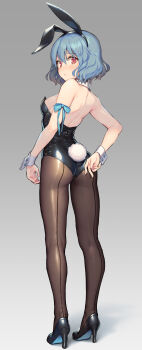 1girl absurdres animal_ears bare_shoulders bareback black_footwear black_leotard black_pantyhose blue_hair brown_pantyhose fake_animal_ears from_behind high_heels highres kaito_(k4itoh) leotard looking_at_viewer looking_back original pantyhose playboy_bunny rabbit_ears rabbit_tail red_eyes short_hair standing tail wrist_cuffs