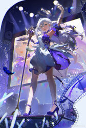 Rule 34 | 1girl, absurdres, aqua eyes, arm up, armpits, bare shoulders, character name, detached sleeves, dress, earrings, falling feathers, feathers, floating hair, full body, geye guagua, gloves, hair between eyes, halo, head wings, high heels, highres, holding, holding staff, honkai: star rail, honkai (series), jewelry, long hair, looking ahead, open mouth, purple dress, purple footwear, robin (honkai: star rail), short sleeves, smile, solo, staff, standing, teeth, two-tone dress, upper teeth only, white dress, white gloves, white wings, wings