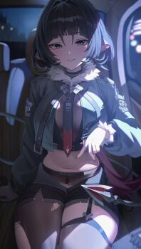 1girl animal_ears arm_support black_gloves black_hair black_pantyhose black_shorts black_thighhighs blurry blush breasts car_interior crop_top fingernails fur-trimmed_jacket fur_trim gloves green_eyes grey_jacket hair_intakes hand_up hashtag-only_commentary highres jacket jane_doe_(zenless_zone_zero) large_breasts long_hair long_sleeves looking_at_viewer midriff mouse_ears mouse_girl mouse_tail nail_polish navel necktie night open_fly pantyhose puffy_long_sleeves puffy_sleeves red_nails red_necktie short_shorts shorts single_leg_pantyhose single_thighhigh sitting smile solo stomach tail thighhighs thighs torn_clothes torn_pantyhose torn_thighhighs unnunal_(unneonal) unworn_gloves zenless_zone_zero