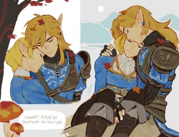 1boy 1girl arm_around_shoulder armor black_gloves black_pants blonde_hair blue_shirt blue_tunic boots breasts brown_boots chainmail closed_eyes couple earrings falling_leaves fingerless_gloves gloves gold_trim grey_pants hair_between_eyes hetero jewelry leaf link long_hair medium_breasts multiple_views mushroom nintendo pants pointy_ears princess_zelda pyonteo shirt short_hair shoulder_armor sidelocks sitting sitting_on_lap sitting_on_person the_legend_of_zelda the_legend_of_zelda:_breath_of_the_wild the_legend_of_zelda:_tears_of_the_kingdom tree tunic under_tree upper_body
