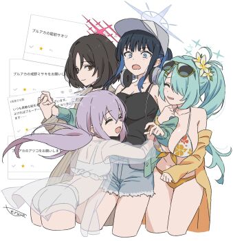 4girls aqua_hair arius_squad_(blue_archive) atsuko_(blue_archive) atsuko_(swimsuit)_(blue_archive) baseball_cap bikini blue_archive blue_eyes blue_hair blue_halo breasts brown_eyes brown_hair denim denim_shorts eyewear_on_head flower grey_halo group_hug hair_flower hair_ornament halo hat headphones headphones_around_neck highres hiyori_(blue_archive) hiyori_(swimsuit)_(blue_archive) holding_hands hug large_breasts long_hair misaki_(blue_archive) misaki_(swimsuit)_(blue_archive) multiple_girls orange_bikini ponytail purple_hair red_halo request_inset saori_(blue_archive) saori_(swimsuit)_(blue_archive) shorts small_breasts smile sunglasses swimsuit teruya_(6w6y) white_bikini