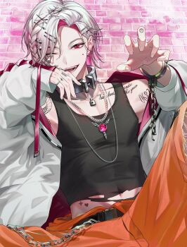 1boy belt black_belt black_tank_top chain cuffs first_stage_production hand_tattoo highres jacket liron_lockheart orange_pants pants piercing pink_eyes shackles so_un_so tank_top tattoo tongue_piercing virtual_youtuber white_jacket