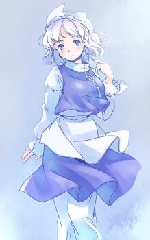 1girl apron blue_background blue_eyes blue_hair blue_skirt blue_vest commentary_request feet_out_of_frame hand_up hat index_finger_raised juliet_sleeves letty_whiterock light_blush light_smile long_sleeves one-hour_drawing_challenge pants puffy_sleeves rangycrow shirt short_hair sideways_glance skirt solo touhou vest white_apron white_hat white_pants white_shirt