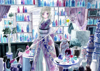 1girl absurdly_detailed_composition blush bottle cabinet closed_mouth cork cup curtains detached_sleeves dress feet_out_of_frame floral_print gem glass_bottle grey_hair hair_bun highres holding holding_staff indoors japanese_clothes jar jug_(bottle) kimono kimono_dress kyuui loaded_interior long_hair long_sleeves looking_at_viewer obi original painting_(medium) plant potted_plant purple_dress purple_eyes purple_sleeves sash scissors shelf shop single_hair_bun sleeveless sleeveless_kimono smile solo staff standing swept_bangs table traditional_media vase watercolor_(medium) wide_sleeves window