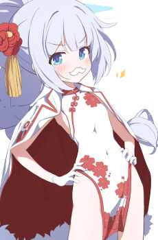 1girl absurdres blue_archive blue_eyes blue_halo blush braid cherino_(blue_archive) cherino_(qipao)_(blue_archive) china_dress chinese_clothes dress fake_facial_hair fake_mustache floral_print flower gloves grey_hair hair_flower hair_ornament halo hands_on_own_hips highres jacket long_hair looking_at_viewer official_alternate_costume open_clothes open_jacket sleeveless sleeveless_dress solo v-shaped_eyebrows white_dress white_gloves yamada_auto