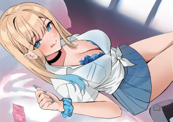1girl :p black_choker blonde_hair blue_bra blue_eyes blue_hair blue_nails blue_skirt blush bra bra_peek breasts choker cleavage closed_mouth condom condom_wrapper controller game_controller gradient_hair gyaru highres large_breasts long_hair looking_at_viewer lying multicolored_hair nakano_kura on_back open_clothes open_shirt original school_uniform scrunchie shirt short_sleeves sidelocks skirt smile solo thighs tied_shirt tongue tongue_out two-tone_hair underwear white_shirt wrist_scrunchie