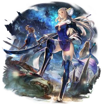 1boy 1other 2girls blonde_hair bravely_default:_flying_fairy bravely_default_(series) bravely_default_ii bravely_second:_end_layer crossover gloria_neu_musa magnolia_arch monster multiple_girls octopath_traveler octopath_traveler:_champions_of_the_continent official_art polearm ringabel spear staff_(weapon) sword weapon