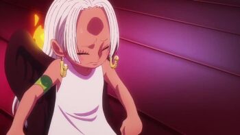 1girl animated anime_screenshot black_feathers black_wings blush closed_eyes dark-skinned_female dark_skin dress earrings embarrassed feathers fire jewelry one_piece s-snake seraphim_(one_piece) snake_earrings tagme video white_dress white_hair wings