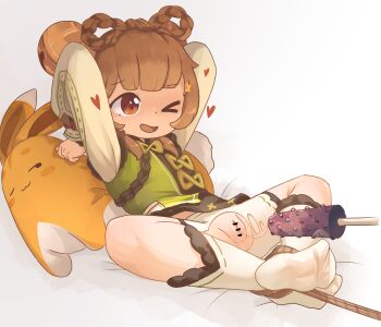 1girl :3 after_vaginal arms_up bar_censor bdsm bondage bound bound_legs brown_eyes brown_hair censored cleft_of_venus dildo female_focus full_body genshin_impact heart highres kanbaki loli one_eye_closed open_mouth paid_reward_available pussy pussy_juice sex_toy short_hair simple_background socks solo stuffed_animal stuffed_rabbit stuffed_toy torn_clothes yaoyao_(genshin_impact)