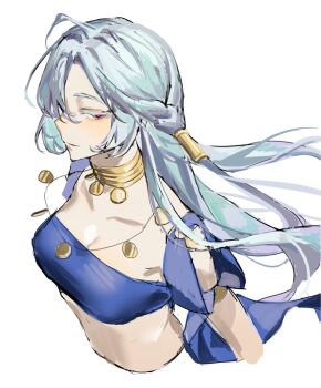 Rule 34 | 1girl, blue hair, blue shirt, breasts, chamuring, cleavage, closed mouth, collarbone, cropped torso, eyelashes, gold choker, hair between eyes, hair tubes, jewelry, long hair, looking at viewer, lord of heroes, lumie miratisa, necklace, red eyes, shirt, simple background, solo, very long hair, white background