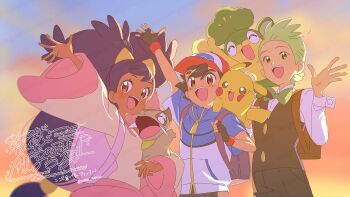 1girl 2boys :d ash_ketchum axew backpack bag black_gloves black_hair black_pants black_vest brown_eyes cilan_(pokemon) dress fingerless_gloves gen_1_pokemon gen_5_pokemon gloves green_eyes grey_hair iris_(pokemon) long_hair long_sleeves looking_at_viewer low-tied_long_hair multiple_boys nintendo on_shoulder open_mouth pansage pants pikachu pokemon pokemon_(anime) pokemon_(creature) pokemon_bw_(anime) pokemon_on_shoulder purple_hair red_eyes serizawa_serizane shirt short_hair short_sleeves smile teeth upper_body upper_teeth_only very_long_hair vest white_shirt