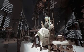 1girl 3d absurdres alaneo bow crossed_legs diamond_(gemstone) hatsune_miku highres loafers shoes stairs steampunk thighhighs twintails typewriter vocaloid white_bow