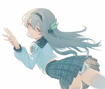 Rule 34 | 1girl, black hairband, black sailor collar, black serafuku, commentary request, firefly (honkai: star rail), firefly (spring missive) (honkai: star rail), grey hair, hair between eyes, hair ornament, hairband, highres, honkai: star rail, honkai (series), long sleeves, looking at viewer, looking back, menthol (rzsz4582), official alternate costume, panties, pink eyes, plaid clothes, plaid skirt, sailor collar, school uniform, serafuku, shirt, simple background, skirt, thighhighs, underwear, white background, white panties, white shirt, white thighhighs
