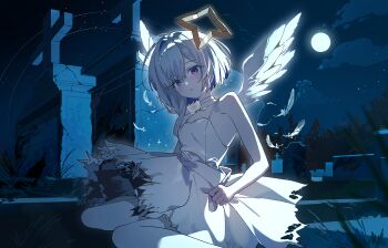 1girl :o amane_kanata asymmetrical_hair bare_arms bare_legs blue_hair bob_cut breasts choker colored_inner_hair commentary dress falling_feathers feathered_wings feathers foot_out_of_frame graveyard grey_hair halo highres hololive looking_at_viewer moon multicolored_hair night night_sky on_ground outdoors parted_lips purple_eyes short_hair sitting skirt_hold sky small_breasts solo spaghetti_strap star_halo stemiomio symbol-only_commentary torn_clothes torn_dress virtual_youtuber wariza white_choker white_dress white_wings wings