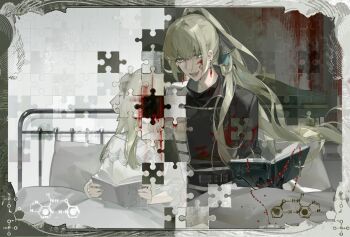 1boy 1girl :d absurdres bed black_gloves black_jacket black_ribbon blanket blonde_hair blood blood_on_clothes blood_on_face blood_splatter blue_eyes book border brother_and_sister brown_border buttons chemical_structure covered_face curtains double-breasted double_bun dress earrings fang gloves hair_bun hair_ribbon highres holding holding_book hospital_bed indoors jacket jewelry jigsaw_puzzle long_hair long_sleeves looking_at_another lucas_proust nadia_proust on_bed open_book open_mouth pillow ponytail puzzle puzzle_piece ribbon rosary shuuen_no_virche siblings sitting smile split_screen spoilers tita_(titanaaaaa) under_covers upper_body white_border white_dress wispy_bangs