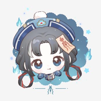 1girl :p baonu_de_zhanshen_caibutou bead_necklace beads black_hair blue_background blue_eyes blue_fire blue_hat blue_shirt chibi chinese_clothes chinese_commentary closed_mouth commentary_request cropped_torso eyelashes fire grey_background hair_ribbon hair_rings happy hat highres hitodama infinity_nikki jewelry jiangshi light_blush light_particles long_hair long_sleeves looking_at_viewer multicolored_hair necklace nighttime_whisper_(infinity_nikki) nikki_(series) ofuda ofuda_on_head outstretched_arms parted_bangs pom_pom_(clothes) prayer_beads print_shirt puffy_long_sleeves puffy_sleeves qingdai_guanmao red_ribbon ribbon shirt sleeves_past_fingers sleeves_past_wrists smile solo sparkle star_(symbol) straight-on streaked_hair tareme tongue tongue_out two-tone_background two-tone_shirt vertical-striped_sleeves white_shirt zombie_pose