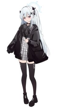 1girl absurdres alternate_costume alternate_hairstyle bag black_boots black_bow black_bowtie black_choker black_ribbon black_shirt black_thighhighs blue_archive blue_halo blush boots bow bowtie center_frills choker collared_shirt commentary ear_piercing eyelashes frilled_shirt frills full_body grey_skirt grin hair_between_eyes hair_bow hair_intakes hair_ornament hair_ribbon hairclip halo hand_up handbag heart heart-shaped_pupils high-waist_skirt highres jirai_kei long_hair looking_at_viewer miyako_(blue_archive) nammmmer parallel_hairclips piercing plaid_clothes plaid_skirt pleated_skirt purple_eyes ribbon shirt sidelocks simple_background skirt sleeves_past_wrists smile solo standing straight_hair symbol-shaped_pupils thighhighs tsurime two_side_up very_long_hair white_background white_hair x_hair_ornament zettai_ryouiki