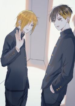 Rule 34 | 2boys, alley, alternate costume, black hair, blonde hair, blue eyes, boruto: naruto next generations, facial mark, gakuran, grey eyes, hair over one eye, hand in pocket, ifevilwhyuhot, kawaki (boruto), male focus, multicolored hair, multiple boys, naruto (series), official alternate hair length, official alternate hairstyle, school uniform, two-tone hair, undercut, uzumaki boruto, waving, whisker markings