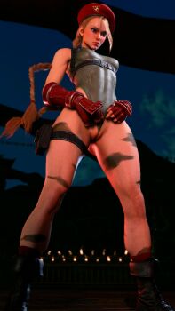 1girl 3d antenna_hair arms_up bare_shoulders blonde_hair blue_eyes braid breasts cammy_white cleft_of_venus covered_navel full_body gloves green_leotard hat highleg highleg_leotard highres leotard lips long_hair medium_breasts partially_visible_vulva red_hat ryona screencap shiny_clothes simple_background skindentation solo standing street_fighter street_fighter_6 stretching thighs third-party_edit thong_leotard twin_braids very_long_hair wedgie wide_hips