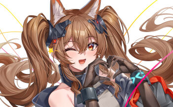 Rule 34 | :d, absurdres, angelina (arknights), animal ear fluff, animal ears, arknights, arknights: endfield, bare shoulders, belt, black gloves, bracelet, breasts, brown hair, chinese commentary, coat, commentary request, diamond-shaped pupils, diamond (shape), dot nose, double-parted bangs, dress, elbow gloves, fox ears, fox girl, gilberta (arknights), gloves, grey dress, hair between eyes, hands up, headpiece, heart, heart hands, high belt, high collar, highres, infection monitor (arknights), jewelry, long hair, long sidelocks, long sleeves, looking at viewer, lower teeth only, medium breasts, off shoulder, one eye closed, open mouth, orange eyes, red coat, shenqi xiao hong zai nali, sidelocks, simple background, sleeveless, sleeveless dress, smile, solo, star (sky), symbol-shaped pupils, teeth, twintails, upper body, white background, wide sleeves