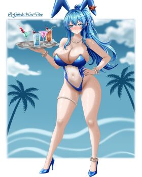 1girl animal_ears blue_background blue_eyes blue_hair blue_leotard blue_shoes breasts cloud drink fake_animal_ears glitchnest goddess_of_victory:_nikke hand_on_own_hip helm_(nikke) high_heels holding holding_tray huge_breasts jewelry leotard long_hair navel necklace palm_tree pearl_necklace playboy_bunny rabbit_ears see-through_clothes see-through_leotard shoes solo tray tree wet