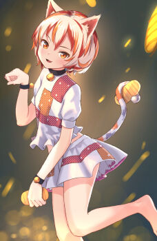 1girl animal_ears bare_legs barefoot bell calico_(pattern) cat_ears cat_girl cat_tail coin crop_top gesture gold goutokuji_mike highres jingle_bell koban_(gold) maneki-neko medium_skirt multicolored_hair multicolored_skirt neck_bell open_mouth orange_eyes patch patchwork_clothes paw_pose roke_(taikodon) short_hair short_sleeves skirt streaked_hair tail touhou white_hair