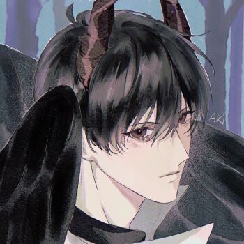 1boy aegyo_sal akigawasou black_eyes black_hair black_shirt black_wings coat commentary demon_horns double-parted_bangs expressionless feathered_wings hair_between_eyes horns kim_dokja looking_at_viewer male_focus omniscient_reader&#039;s_viewpoint open_clothes open_coat popped_collar portrait shirt short_hair solo symbol-only_commentary white_coat wings