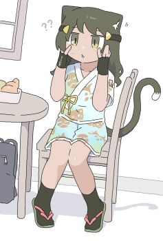 1girl absurdres animal_ears backpack bag bakery cat_ears cat_tail chair commission commissioner_upload confused croissant exasperation fingerless_gloves food gloves green_eyes green_hair green_sandals highres japanese_clothes jinbei_(clothes) nintendo on_chair original pokemon pokemon_sv ragcats rhea_(stryker324) rid0922 sandals shop skeb_commission socks tail