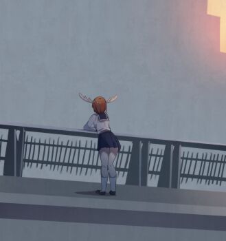 1girl against_railing antlers black_footwear blue_sailor_collar blue_skirt brown_hair commentary deer_antlers deer_girl english_commentary facing_away fog from_behind highres hinghoi horns kneehighs long_sleeves miniskirt outdoors photo-referenced pleated_skirt railing sailor_collar school_uniform shikanoko_noko shikanoko_nokonoko_koshitantan shirt skirt socks solo what white_shirt white_socks wide_shot