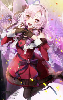 1girl :d artist_name bare_shoulders black_gloves black_hairband black_ribbon black_shoes black_thighhighs blush chest_tattoo choker claw_ring commentary_request confetti dress drill_hair drill_sidelocks eyelashes gloves hair_between_eyes hair_ribbon hairband hands_up haruna_(hrnrnh) high_heels highres hyakumantenbara_salome hyakumantenbara_salome_(1st_costume) juliet_sleeves lens_flare long_hair long_sleeves looking_at_viewer lower_teeth_only microphone nijisanji off-shoulder_dress off_shoulder open_mouth own_hands_together pantyhose parted_bangs puffy_sleeves purple_choker purple_eyes purple_hair purple_ribbon red_dress ribbon shoes sidelocks signature sleeve_cuffs smile solo sparkle spotlight stage stage_lights tattoo teeth thighhighs tongue twitter_username virtual_youtuber watermark