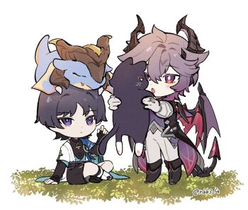 Rule 34 | 2boys, :<, animal, animal on head, animalization, aqua gemstone, arm at side, arm support, armor, belt, black belt, black bodysuit, black boots, black bow, black bridal gauntlets, black cat, black coat, black hair, black horns, black shorts, black tail, blue kimono, blue sleeves, blunt ends, blush, bodysuit, boots, bow, bridal gauntlets, bright pupils, cat, chibi, closed mouth, coat, coattails, crossed bangs, crossed legs, diamond-shaped pupils, diamond (shape), diorama, dragon, dragon boy, dragon horns, dragon tail, dragon wings, eyeliner, eyeshadow, facial mark, feathers, forehead mark, furisode, gem, genshin impact, gloves, gold, hair between eyes, hair intakes, hakama, hakama shorts, hand up, holding, holding animal, holding cat, horns, japanese armor, japanese clothes, juban, kimono, kote, kurokote, layered sleeves, leg warmers, looking at animal, makeup, mini durin (dragon) (genshin impact), mini durin (genshin impact), mini durin (human) (genshin impact), multiple boys, nbb3, on head, on leaf, open clothes, open coat, open kimono, open mouth, orange eyes, pants, parted bangs, person and animalization, pink hair, pleated shorts, pom pom (clothes), purple eyes, purple horns, purple pupils, purple rope, purple sash, purple vest, red eyeliner, red eyeshadow, red gemstone, red wings, rope, sash, scaramouche (cat) (genshin impact), scaramouche (genshin impact), short sleeves, shorts, shoulder peek, sitting, small dragon, spiked wings, symbol-shaped pupils, tail, twitter username, two-sided horns, vest, wanderer (genshin impact), white background, white gloves, white kimono, white leg warmers, white pants, white pupils, white sleeves, wings, wispy bangs, yellow feathers