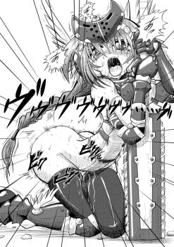 10s 1girl armor ass bikini_armor black_legwear blush breasts female_focus helmet long_hair mirim monochrome open_mouth orgasm ponytail pussy_juice queen&#039;s_blade queen&#039;s_blade_rebellion saliva solo sweat tears trembling weapon