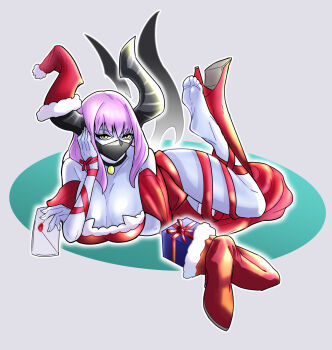 1girl barefoot boots box breasts christmas colored_skin feet gift gift_box grey_skin hat highres horns large_breasts letter long_hair looking_at_viewer love_letter lying mask mokuyounoma mouth_mask on_stomach pink_hair santa_costume santa_hat shoes soles the_pose toes unworn_boots unworn_shoes yellow_eyes
